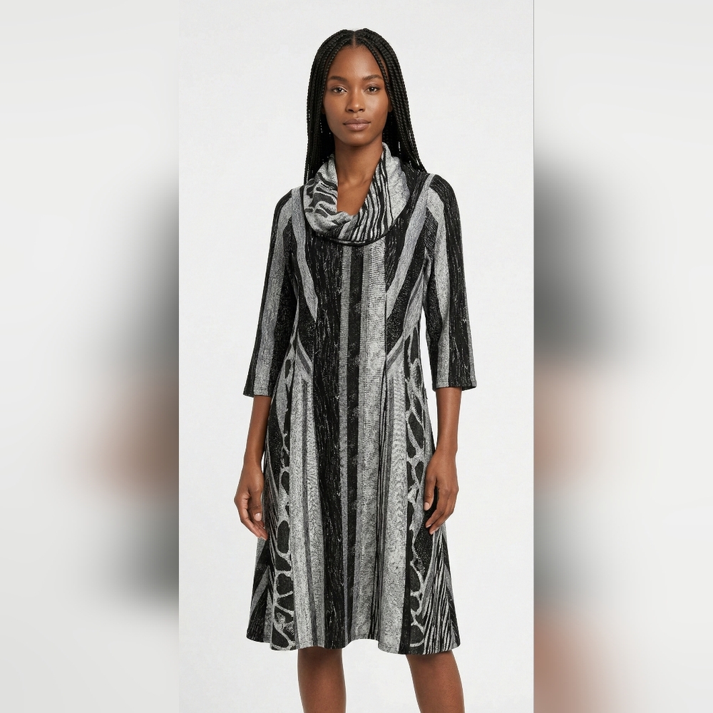 Signature by Robbie Bee Dress Cowl Neck Knit Shift Animal Print Black Gray 1X